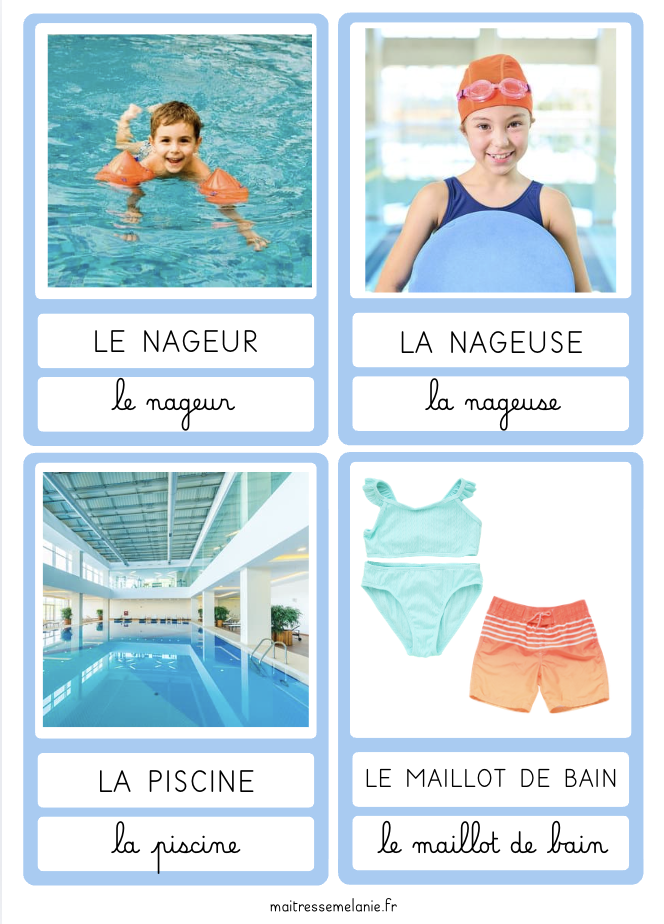 Cartes de vocabulaire pour la piscine en maternelle